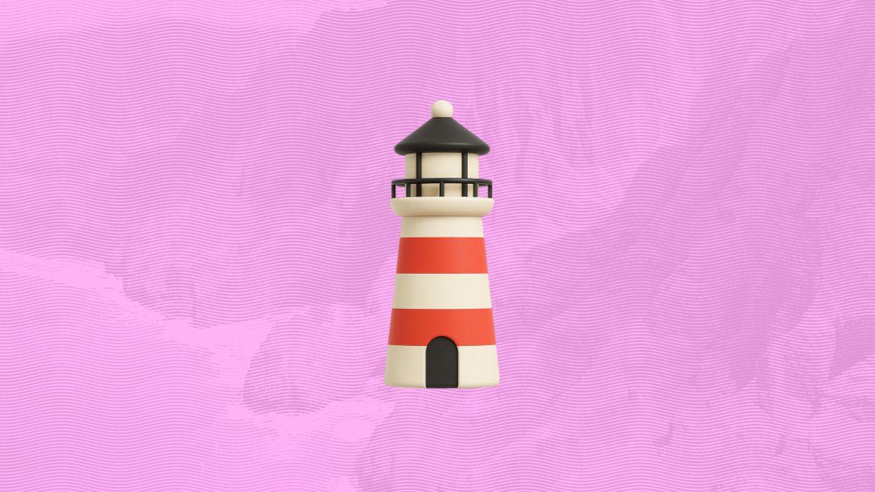 White lighthouse with red stripes on pink background