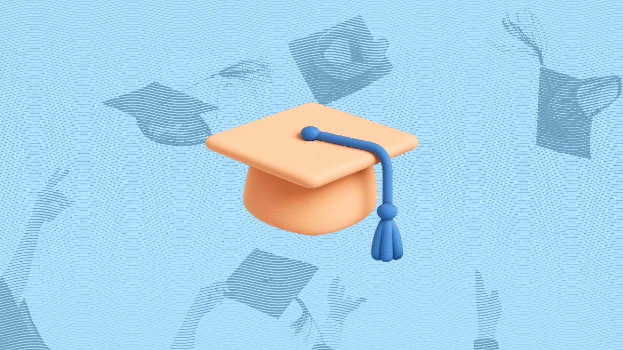 An orange graduation cap with a blue tassel centered on a textured blue background, featuring silhouettes of hands throwing caps, conveying celebration.