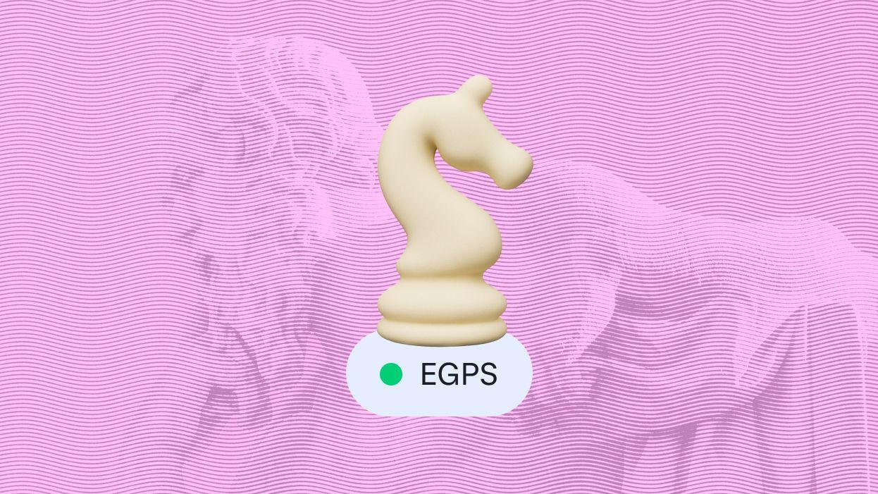 A cream-colored chess knight piece is centered against a wavy pink background. Below it, a green dot with "EGPS" is displayed, suggesting activation or status.